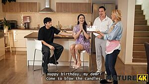 Mature Lynna Nilsson guides a first-timer in kitchen encounter. Her experience shines on his birthday.
