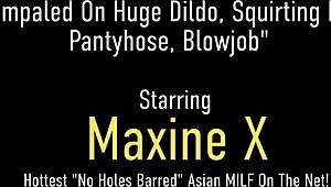 Horny asian maxine x fucks huge dildo and sucks cock in pantyhose