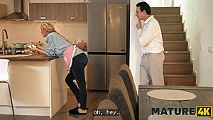 Mature Lynna Nilsson guides a first-timer in kitchen encounter. Her experience shines on his birthday.