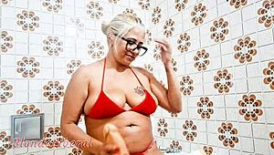 latina milf slut puts dildo in pussy and pisses in bathroom, sensual solo masturbation trailer.