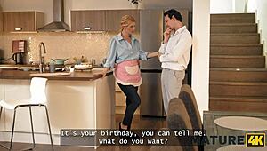 Mature Lynna Nilsson guides a first-timer in kitchen encounter. Her experience shines on his birthday.