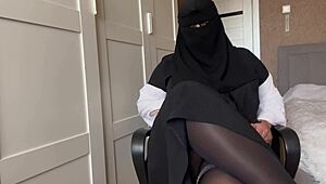 Hot arab milf in pantyhose gives handjob and masturbates to orgasm in missionary