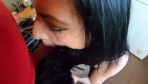 Wow, deep-throat cum play with camel-toe in leather fetish!