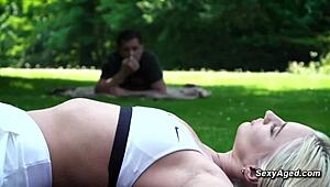 old man bangs sexy blonde in skirt at public park