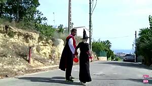 Two guys bang a blonde chick before the costume party!