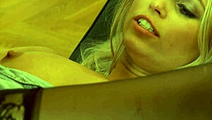 Fingering Blonde Beauty Slut in Stockings on Bed with Gaping Action