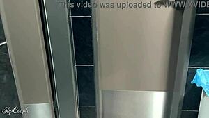 Cute Babe Blows in Public Toilet After Handjob Under Table!