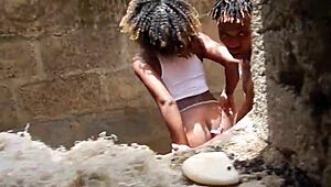 German wife milf fucks in public doggystyle with african cum 😏