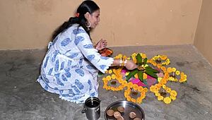 celebrating diwali with housewife and family in homemade setting
