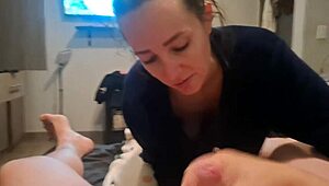 'Swallowing cum after delicious blowjob,' the skinny amateur girl next door says