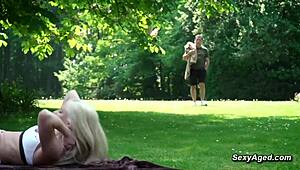 old man bangs sexy blonde in skirt at public park