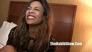 Petite ebony Portia strips and gets pounded by Ron Jeremy's big black cock