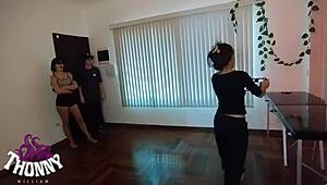 lady milf gives foot massage backstage, then fucks cock