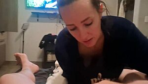 'Swallowing cum after delicious blowjob,' the skinny amateur girl next door says