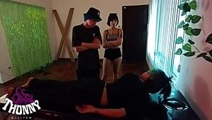 lady milf gives foot massage backstage, then fucks cock