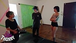 lady milf gives foot massage backstage, then fucks cock