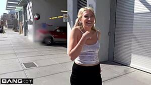 russian milf angelina bonnet flashes her small tits in public, leading to a group cumshot