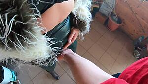 Wow, deep-throat cum play with camel-toe in leather fetish!