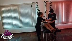 lady milf gives foot massage backstage, then fucks cock