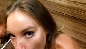 Monika Fox has fast sex and blowjob with her lover in the hallway 😍, featuring shaved pussy and cum.