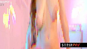 Nerdy babe strips, ripping clothes to reveal big natural tits