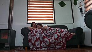 Rough fucking stepmother in kitchen while watching movie