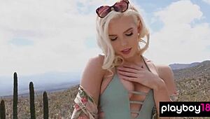 Blonde milf Ali Claire strips naked outdoors