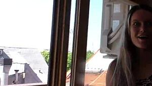 Wow, sexy young Sarah squirting hard on my balcony with glass dildo!