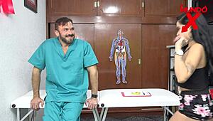 She consults her doctor in lingerie at the office.