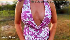 Wife flashes her big tits in a public spot