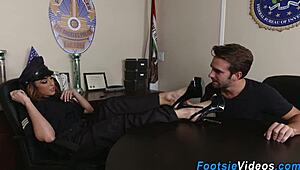 Policewoman gives footjob cumshot.