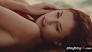 Demi Fray, a petite ukrainian babe, playfully strips naked outdoors