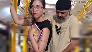 Slutty student receives cumshot on ass in public while riding the bus