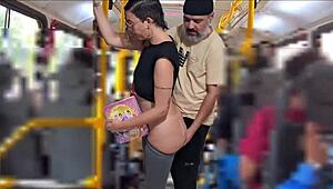 Slutty student receives cumshot on ass in public while riding the bus