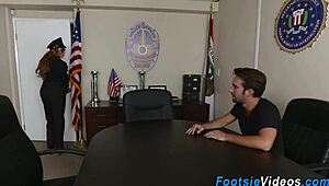 Policewoman gives footjob cumshot.