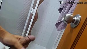 i was masturbating while spying on my stepsister in the shower, she caught me and got turned on by my cock