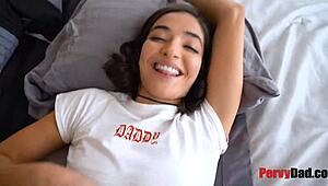 blindfolded petite stepdaughter gets taken hard by her old man.