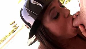 young firewoman puts out flaming limb with close-up blowjob