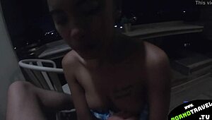 Petite Thai Girl Sucks My Cock on the Balcony with Friends Nearby. Outdoor Fun Turns Wild and Hot!