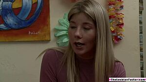 lesbian milf strips then licks petite blonde teen's pussy!