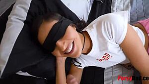 blindfolded petite stepdaughter gets taken hard by her old man.