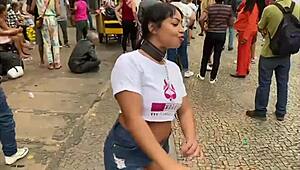 Brazilian Young 18+ Girls on Leashes in Sao Paulo Street Display
