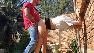 Did you spot the neighbor watching over the wall during that outdoor doggystyle creampie with the tight pussy wife