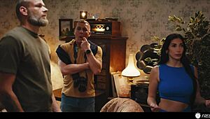 French Brunette With Fake Enhanced Huge Boobs Gets Her Nipples Sucked While Frozen In Time