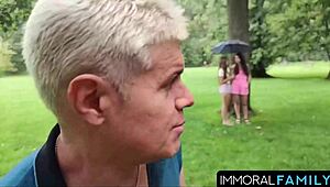 Dan gets a group handjob and muff diving orgasm