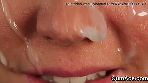 Peculiar centerfold swallows cumshot on her face