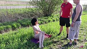 German FKK Granny Banged by Two Young Guys in Threesome