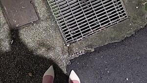 Shemale Ting Xuan Walks Outside To Pee Then Masturbates With Toys And Cums On Thigh