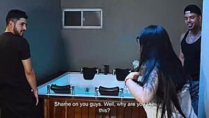 Curvy big ass babe gushes on two bbc plumbers while husband is unaware