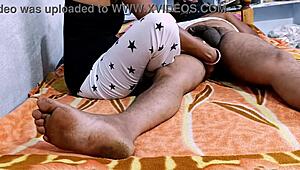 Indian Hot Wife Gives Homemade Handjob, Blowjob, and Footjob to Husband.